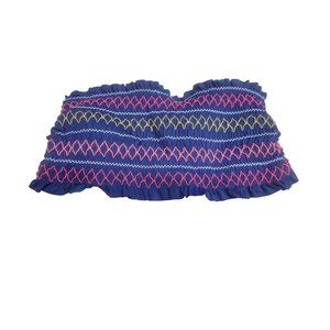 Women's Smocked Bandeau Embroidered Bikini Top - Island Soul Curve Blue Small
